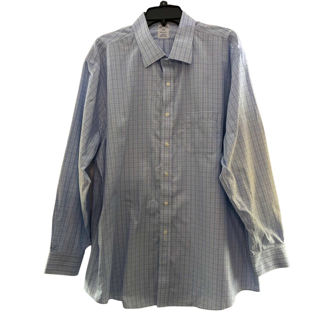Brooks Brothers Dress Shirt Mens 18 34/35 Blue Plaid Non-Iron Cotton